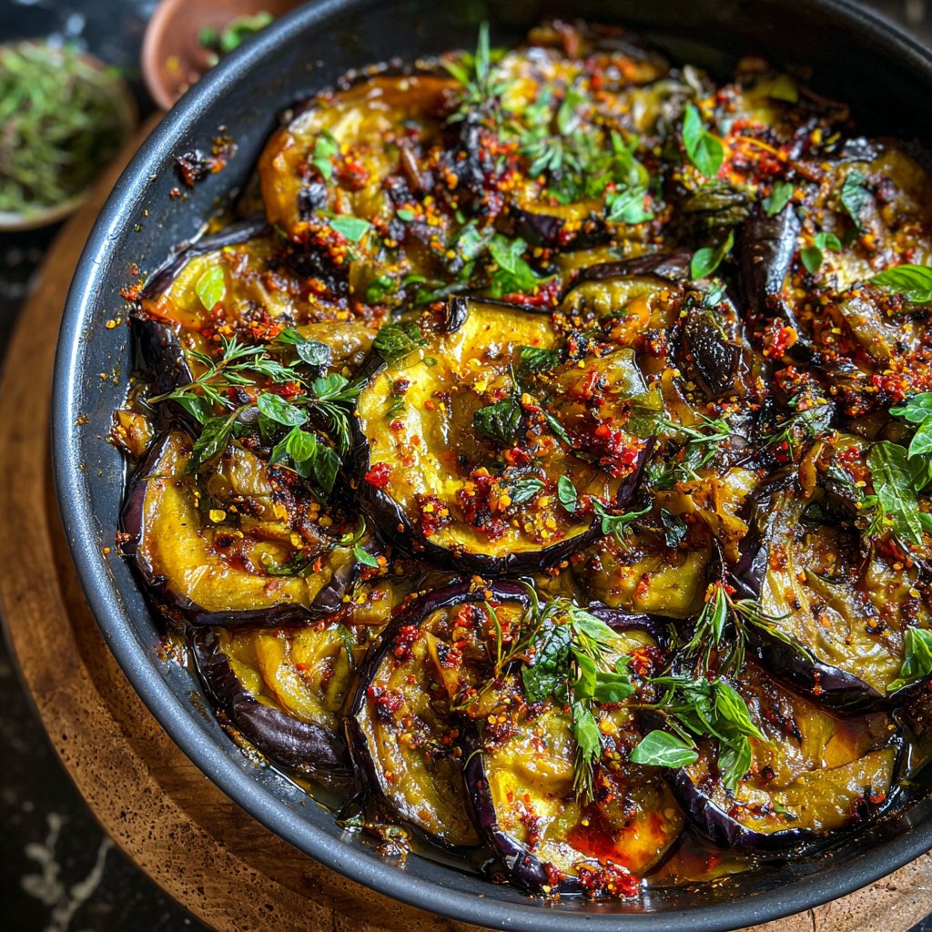 Auberginenpfanne würzig abgeschmeckt