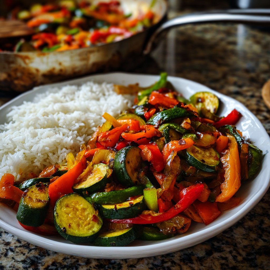Mittagessen mit Gemüsepfanne und Reis